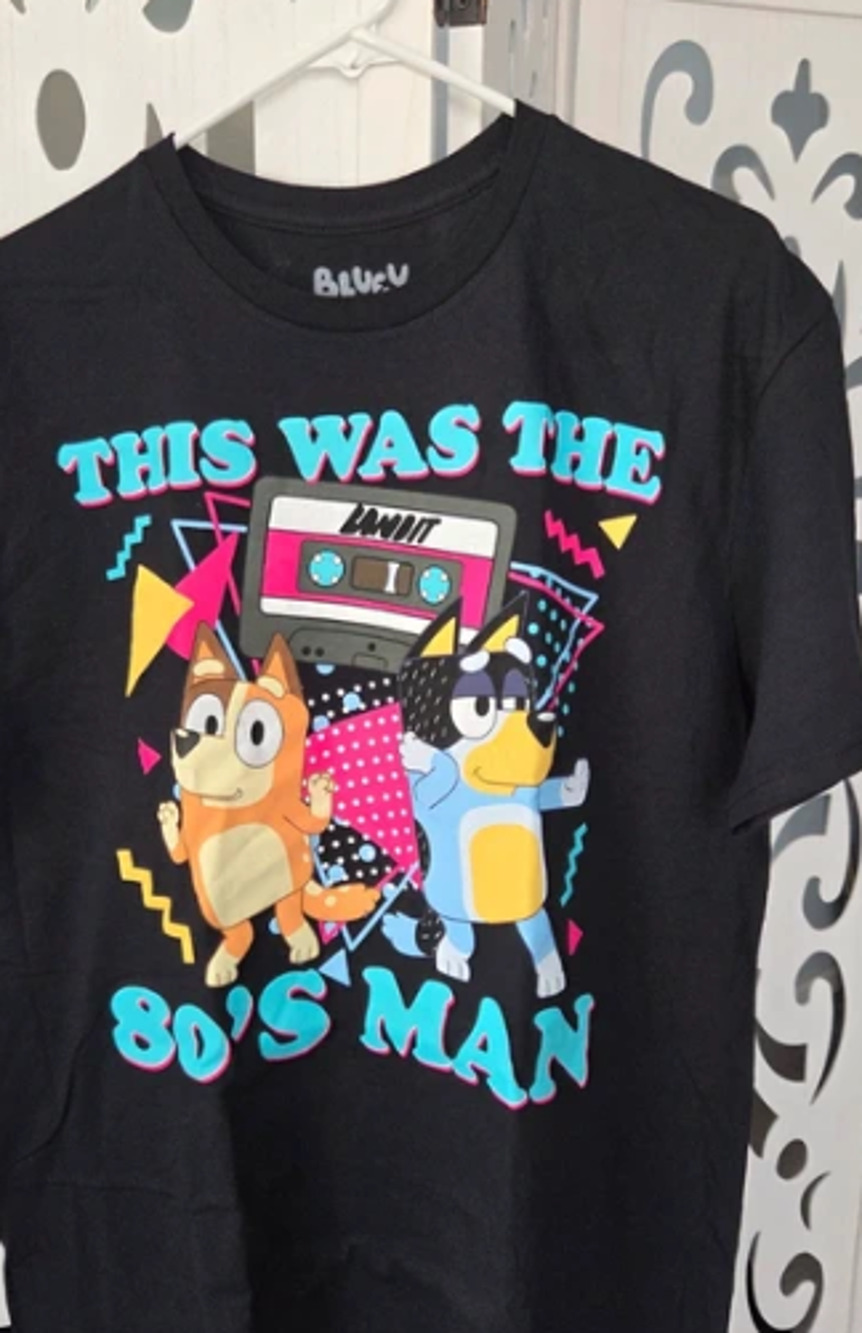 Bluey This Was The 80s Man Bandit Graphic T Shirt Black Adult Large L NWOT Retro
